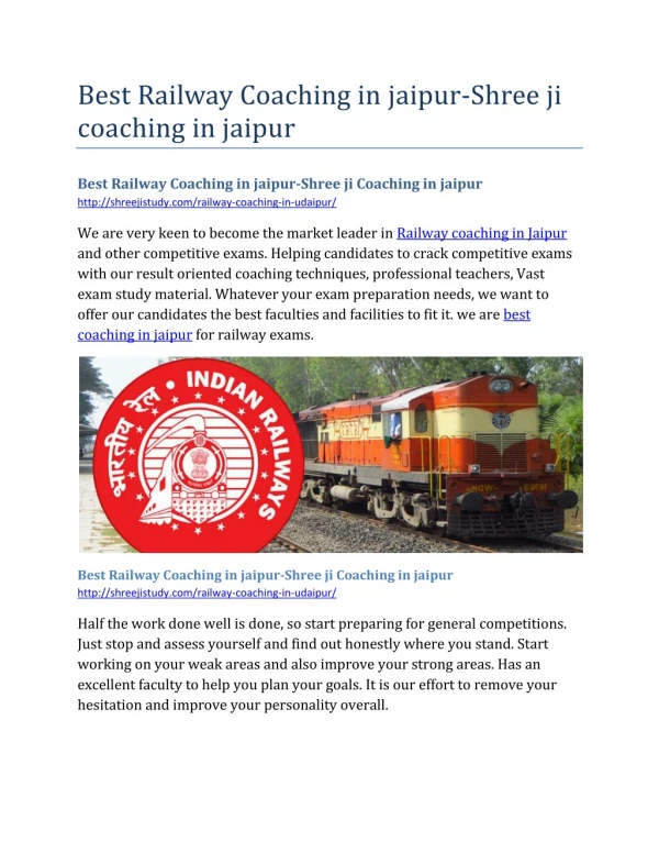 Best Railway Coaching in jaipur-Shree ji Coaching in jaipur