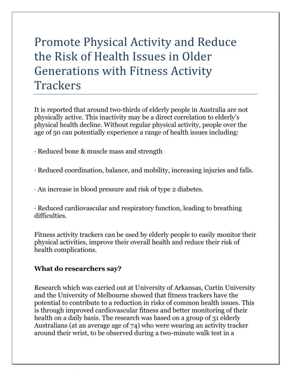 Promote Physical Activity and Reduce the Risk of Health Issues in Older Generations with Fitness Activity Trackers