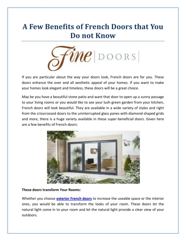 A Few Benefits of French Doors that You Do not Know