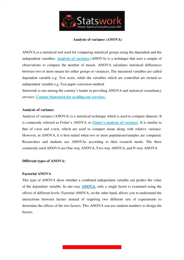 Analysis of variance (ANOVA) - Statswork