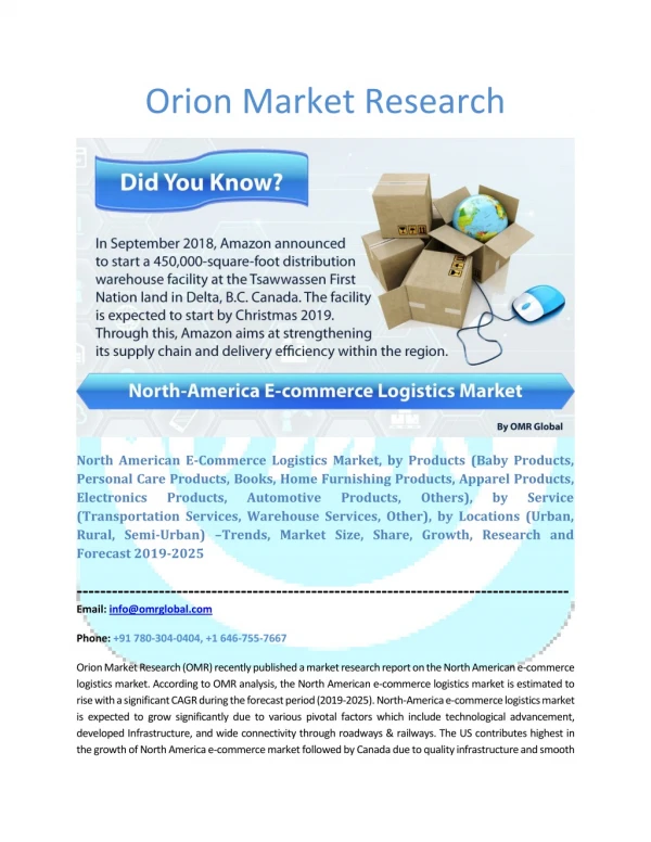 North American E-Commerce Logistics Market Segmentation, Forecast, Market Analysis, Global Industry Size and Share to 20