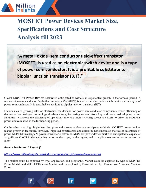 MOSFET Power Devices Market Size, Specifications and Cost Structure Analysis till 2023