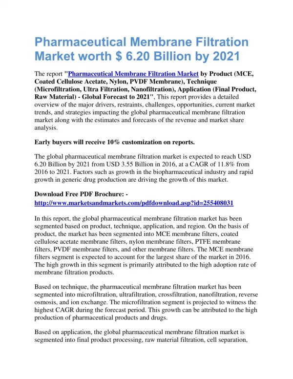Pharmaceutical Membrane Filtration Market worth $ 6.20 Billion by 2021