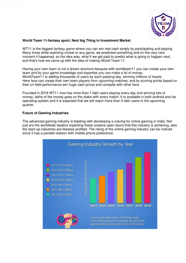 World Team 11-fantasy sport, Next big Thing in Investment Market