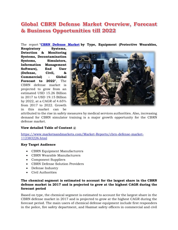 Global CBRN Defense Market Overview, Forecast and Business Opportunities till 2022