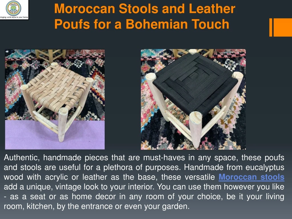 moroccan stools and leather poufs for a bohemian touch