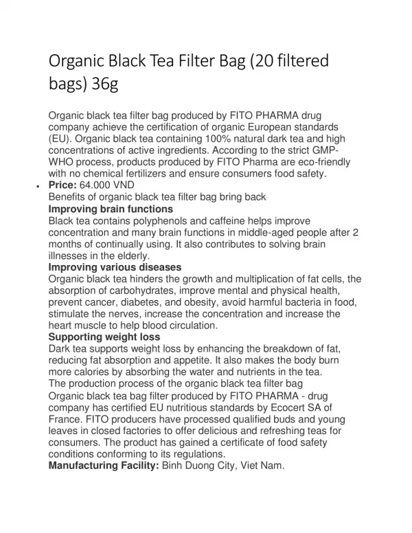 Organic Black Tea Filter Bag (20 filtered bags) 36g