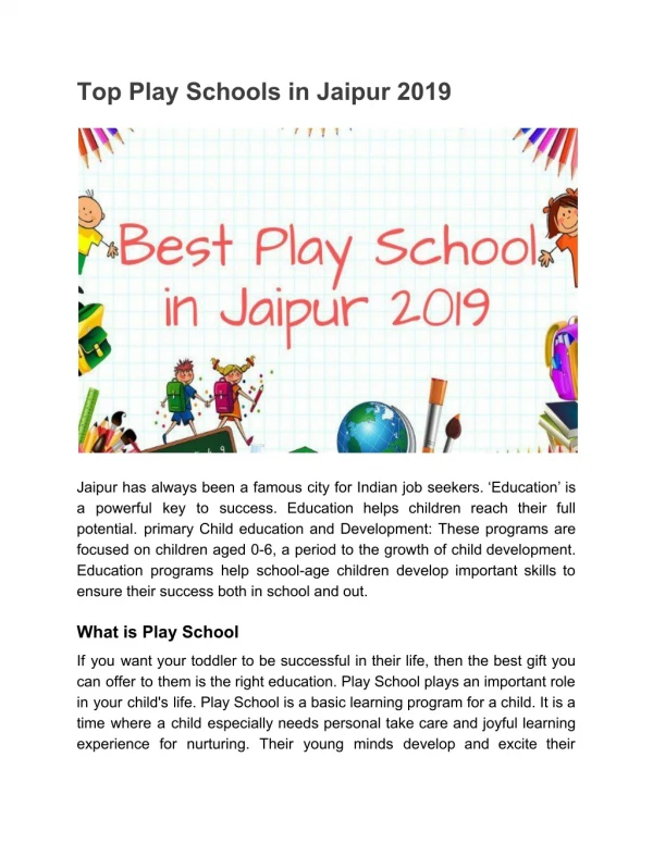 play schools in jaipur 2019