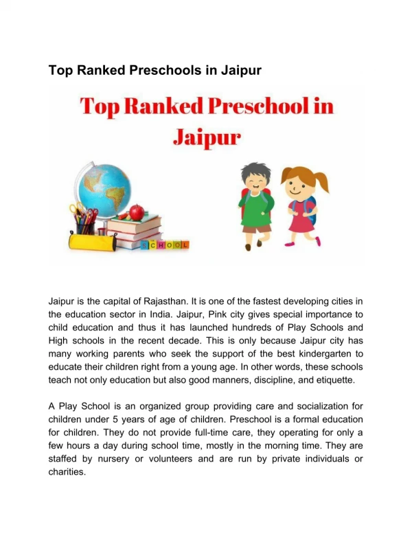 Top ranked play schools Jaipur 2019