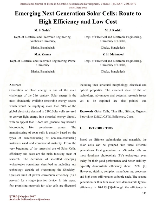 Emerging Next Generation Solar Cells: Route to High Efficiency and Low Cost