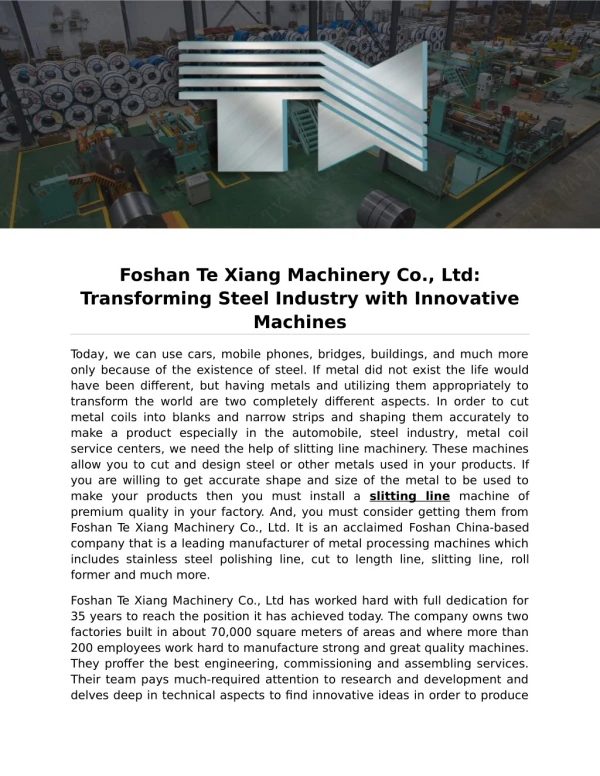 Foshan Te Xiang Machinery Co., Ltd: Transforming Steel Industry with Innovative Machines