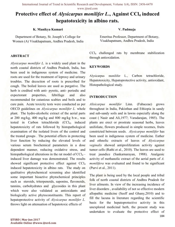 Protective Effect of Alysicarpus Monilifer L., Against CCl4 induced Hepatotoxicity in Albino Rats