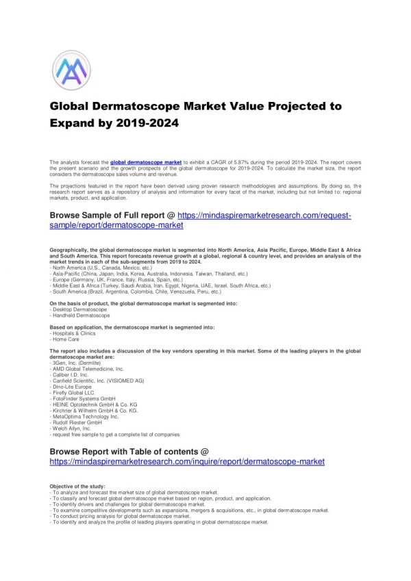 Global Dermatoscope Market Value Projected to Expand by 2019-2024