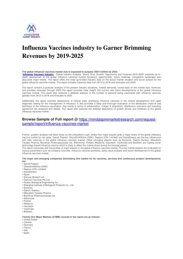 Influenza Vaccines industry to Garner Brimming Revenues by 2019-2025