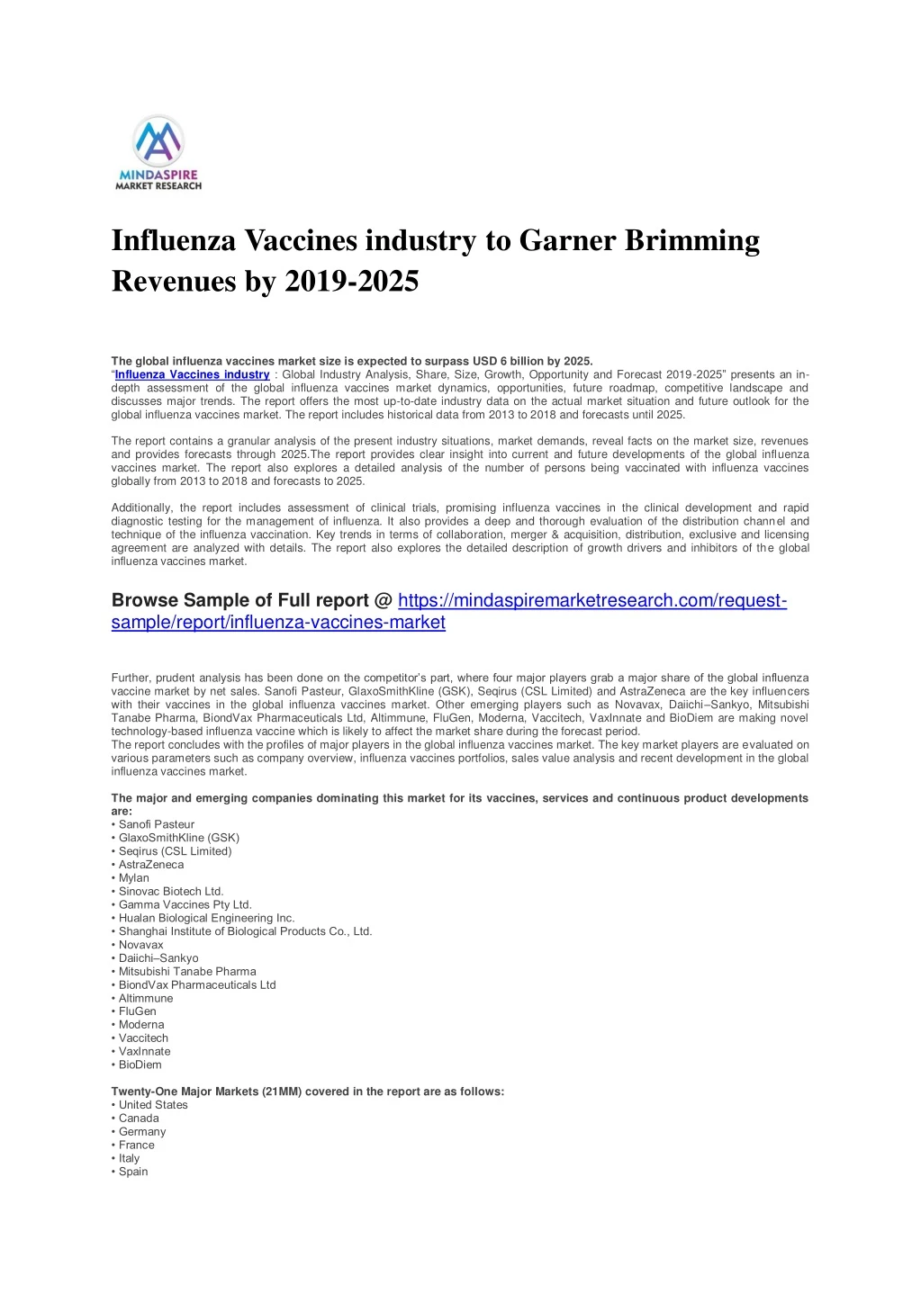 influenza vaccines industry to garner brimming