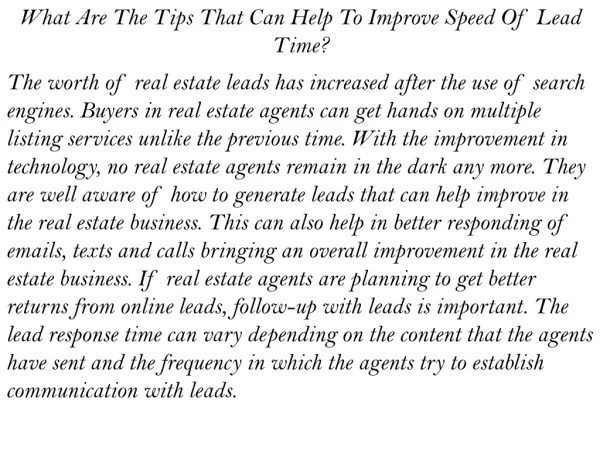 What Are The Tips That Can Help To Improve Speed Of Lead Time?