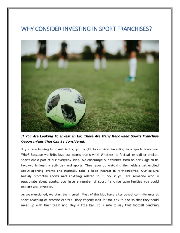 Sport FRANCHISES: Why Consider Investing - FRANCHISE UK
