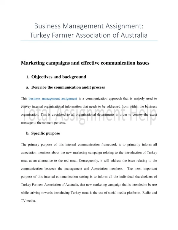 Business Management Assignment on Turkey Farmer Association of Australia