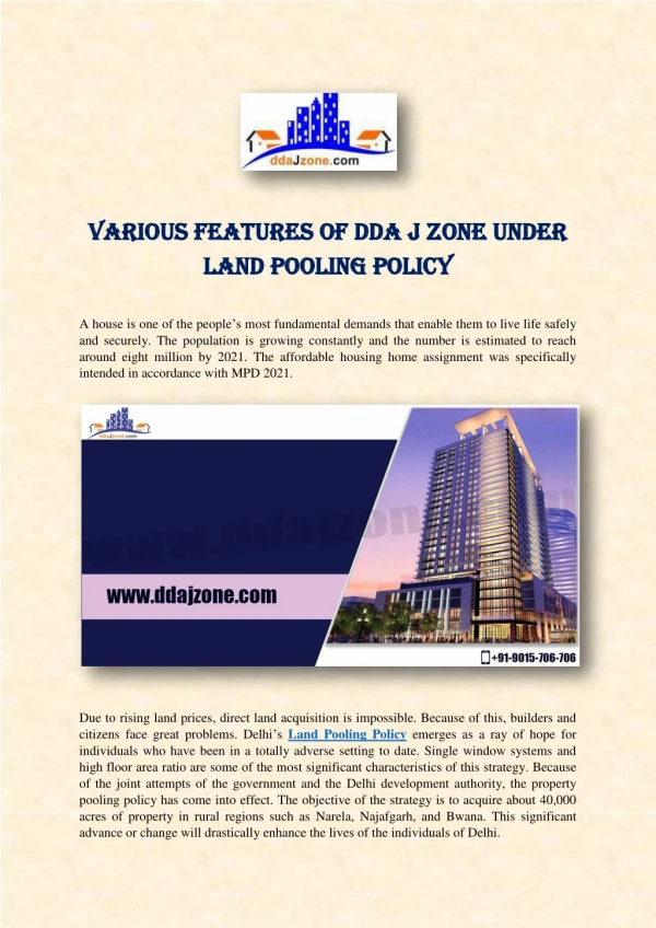 Various Features of DDA J Zone Under Land Pooling Policy