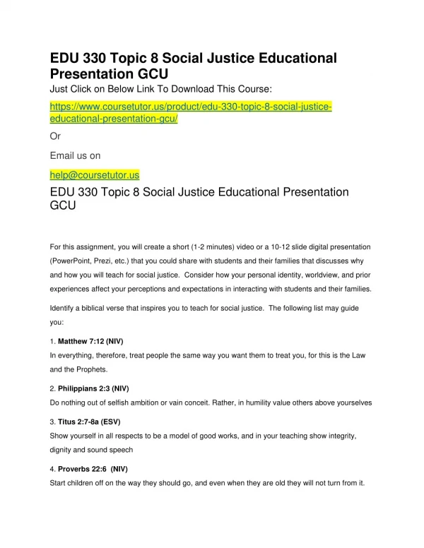 EDU 330 Topic 8 Social Justice Educational Presentation GCU