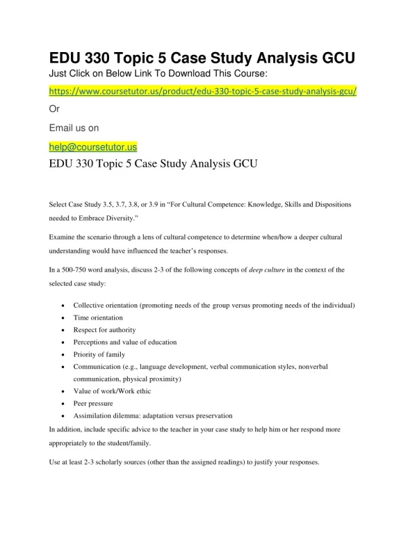 EDU 330 Topic 5 Case Study Analysis GCU