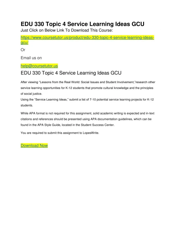 EDU 330 Topic 4 Service Learning Ideas GCU