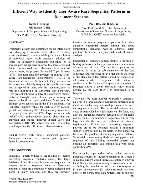 Efficient Way to Identify User Aware Rare Sequential Patterns in Document Streams