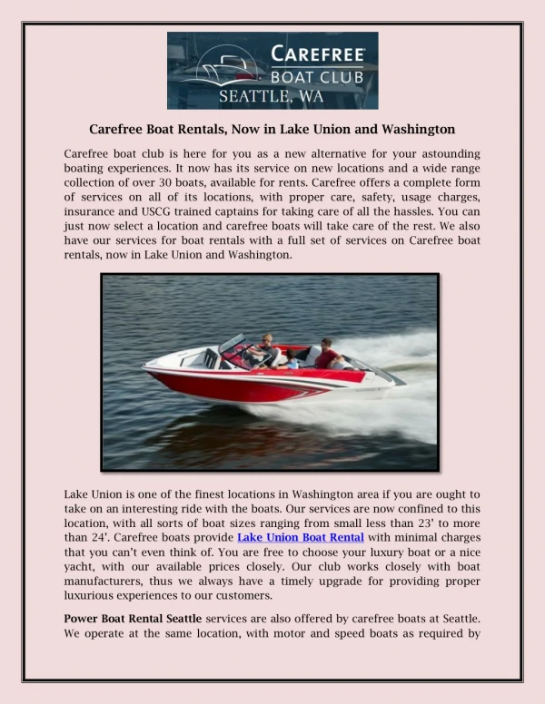Carefree Boat Rentals, Now in Lake Union and Washington