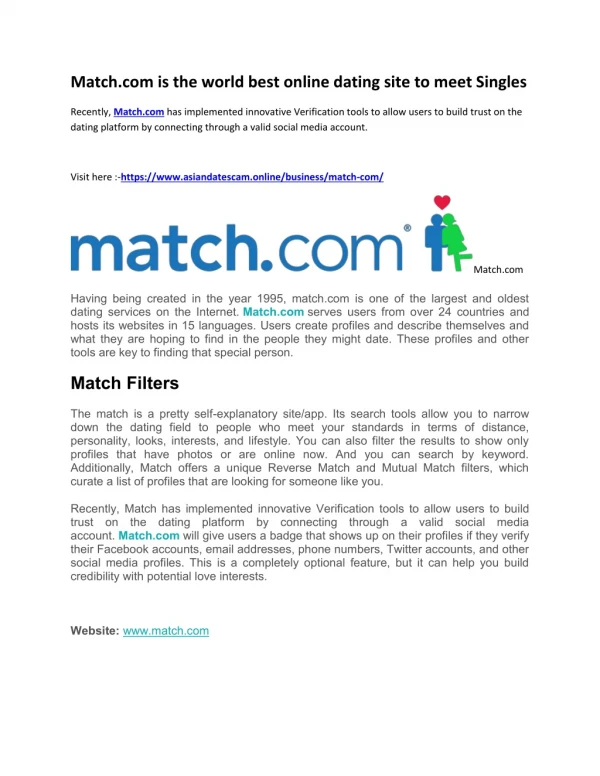 Match.com is the world best online dating site to meet Singles