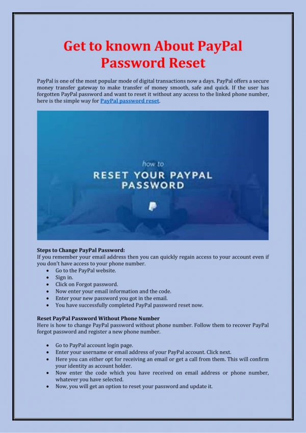 Get to known About PayPal Password Reset