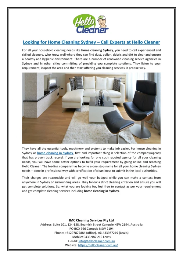 Looking for Home Cleaning Sydney – Call Experts at Hello Cleaner