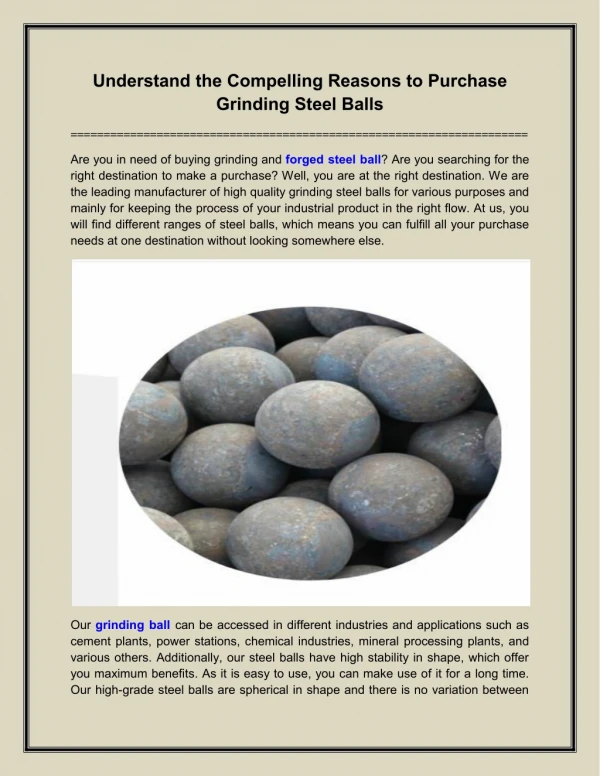 Understand the Compelling Reasons to Purchase Grinding Steel Balls