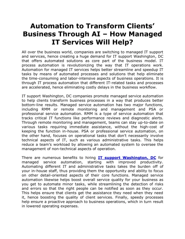 Automation to Transform Clients’ Business Through AI – How Managed IT Services Will Help?