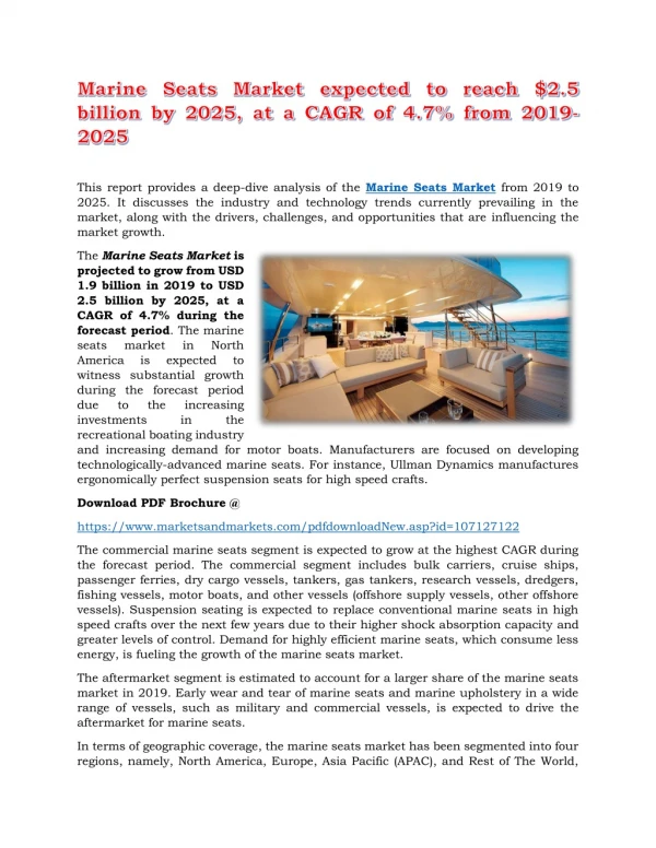 Marine Seats Market expected to reach $2.5 billion by 2025, at a CAGR of 4.7% from 2019-2025