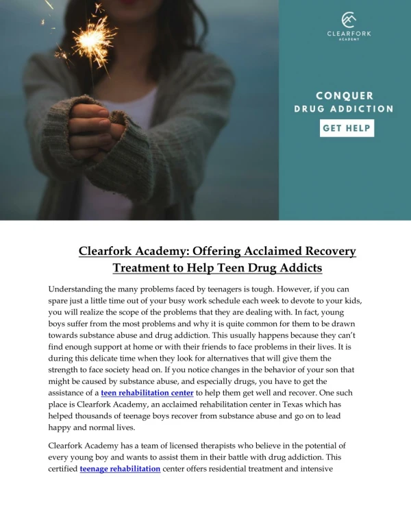 Clearfork Academy: Offering Acclaimed Recovery Treatment to Help Teen Drug Addicts