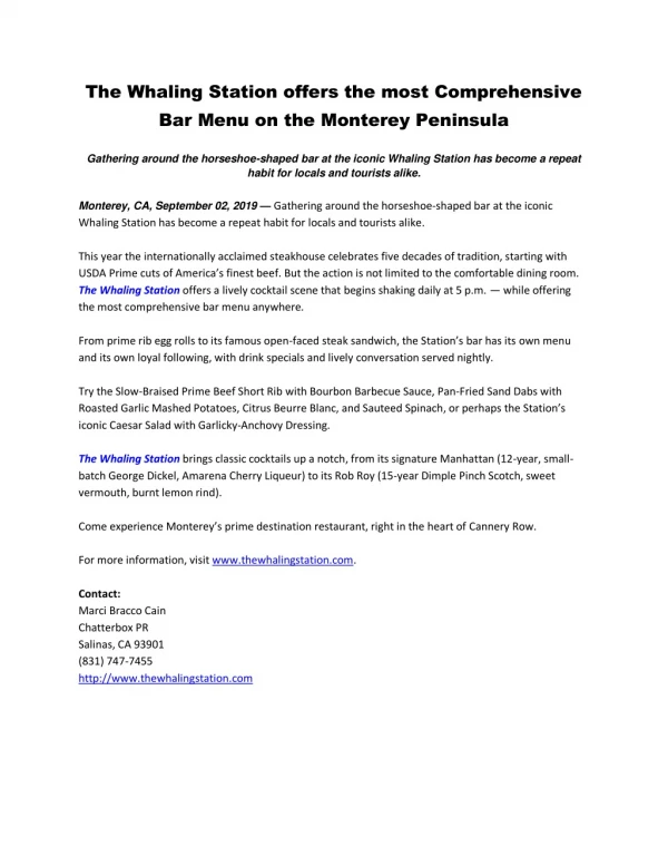 The Whaling Station offers the most Comprehensive Bar Menu on the Monterey Peninsula