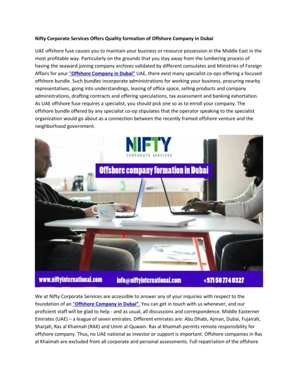Nifty Corporate Services Offers Quality formation of Offshore Company in Dubai