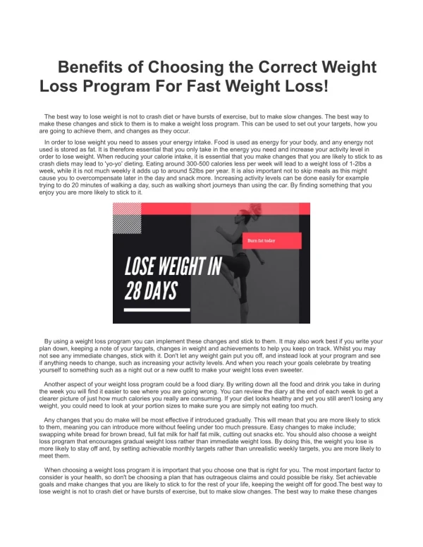 Benefits of Choosing the Correct Weight Loss Program For Fast Weight Loss!
