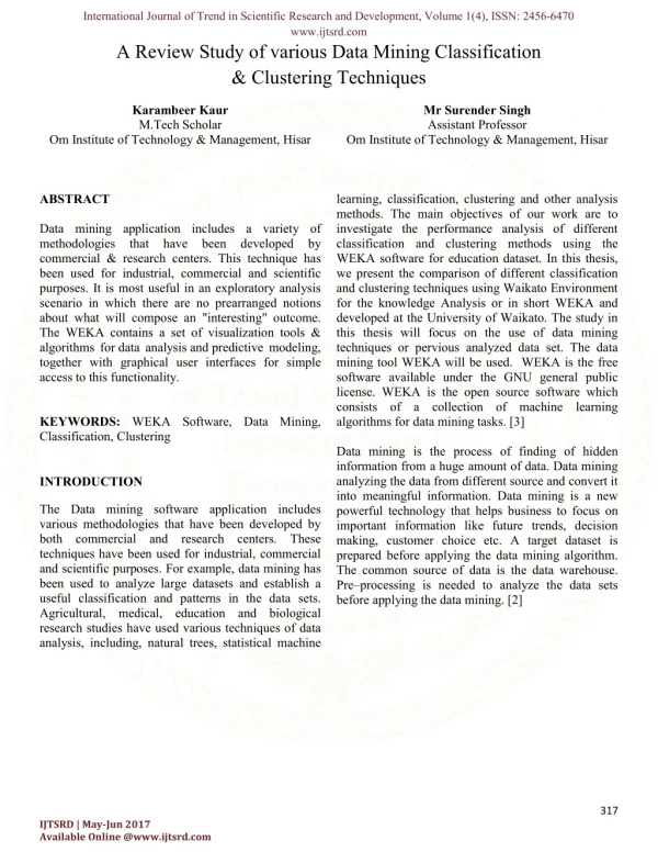 A Review Study of various Data Mining Classification & Clustering Techniques