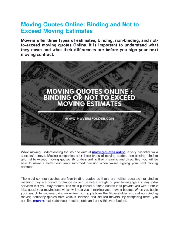 Moving Quotes Online: Binding and Not to Exceed Moving Estimates