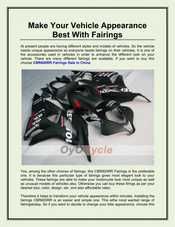 Make Your Vehicle Appearance Best With Fairings