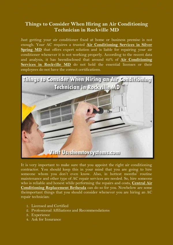 Things to Consider When Hiring an Air Conditioning Technician in Rockville MD