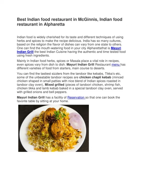 Best Indian food restaurant in McGinnis, Indian food restaurant in Alpharetta