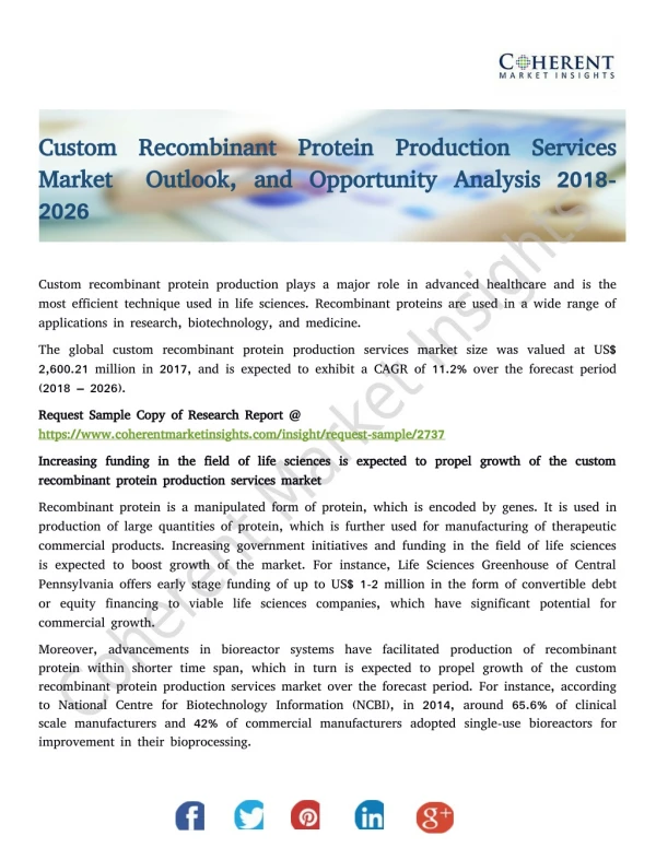 Custom Recombinant Protein Production Services Market Outlook, and Opportunity Analysis 2018-2026