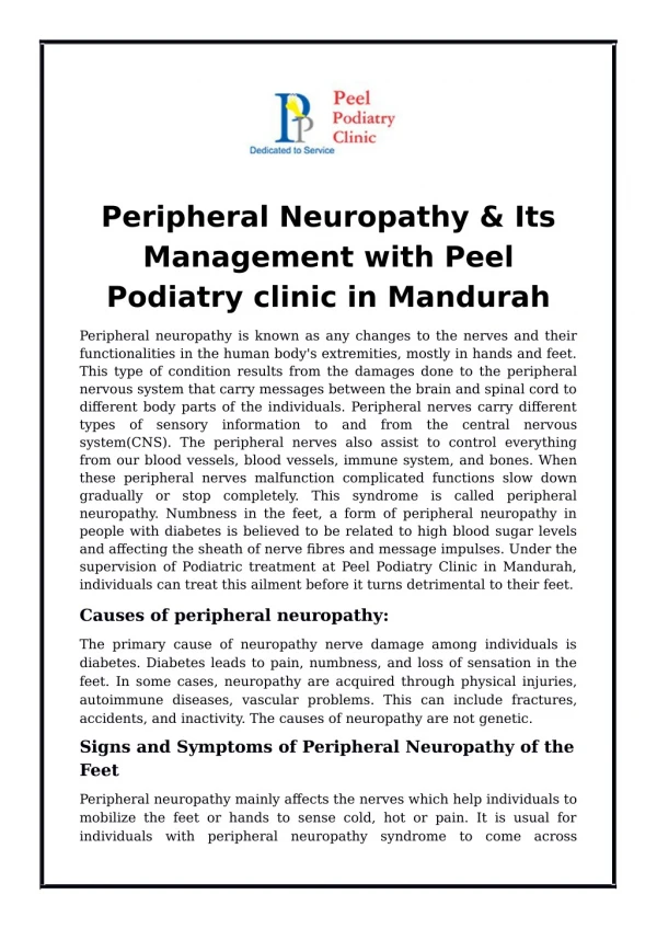 Peripheral Neuropathy & Its Management with Peel Podiatry clinic in Mandurah