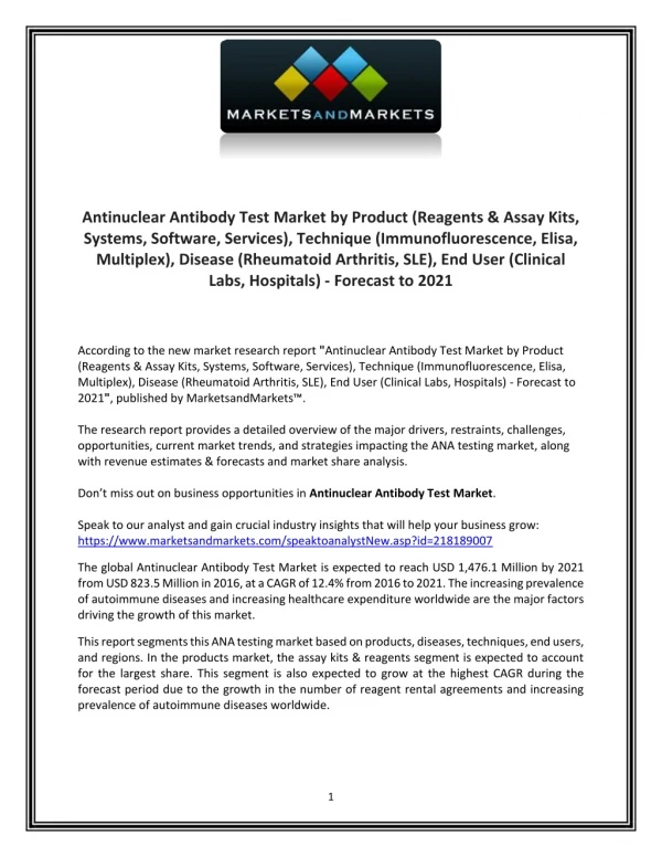 Antinuclear Antibody Test Market size, Growth, Forecast