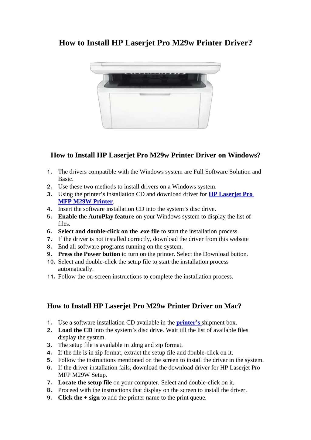 how to install hp laserjet pro m29w printer driver