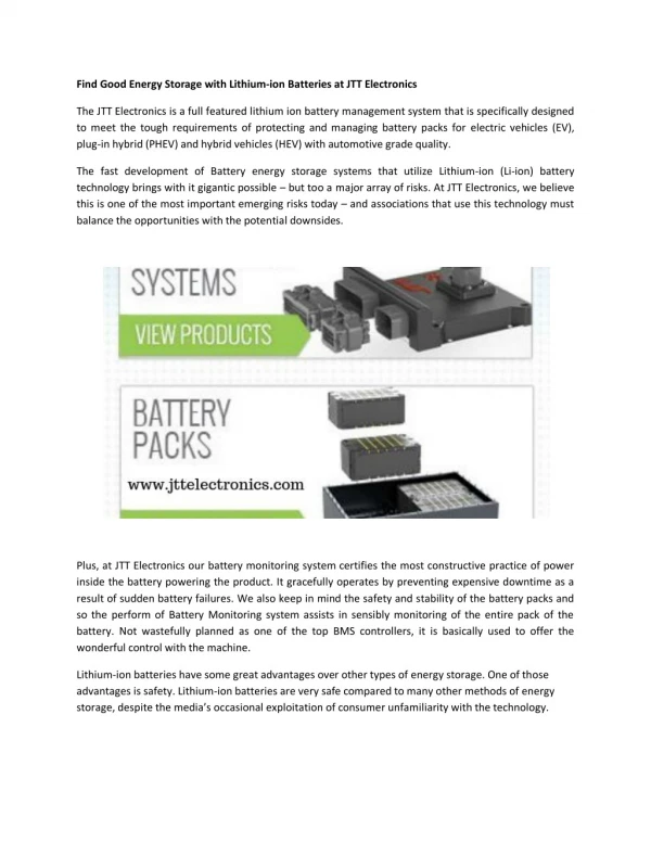Find Good Energy Storage with Lithium-ion Batteries at JTT Electronics