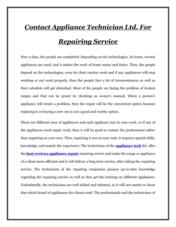 Contact Appliance Technician Ltd. For Repairing Service