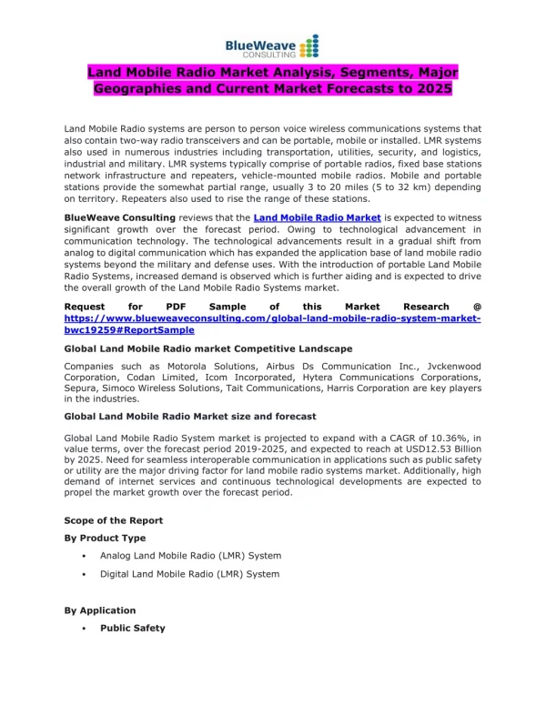 Land Mobile Radio Market Analysis, Segments, Major Geographies and Current Market Forecasts to 2025